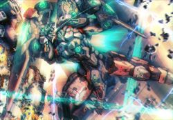 Rule 34 | aqua eyes, clenched hands, electricity, flying, glowing, glowing eyes, mecha, motion blur, no humans, punching, robot, science fiction, solo, soulgain, super robot, super robot wars, super robot wars original generation, v-fin, wasabi (payan)