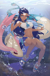 Rule 34 | 1girl, air bubble, aqua eyes, aqua hair, bike shorts, blue eyeshadow, blue gloves, blue hair, breasts, bubble, cheng (pixiv5550107), commentary, creatures (company), dark-skinned female, dark skin, dynamax band, earrings, eyeshadow, freediving, full body, game freak, gen 3 pokemon, gloves, hair bun, highres, holding, holding poke ball, hoop earrings, jewelry, large breasts, long hair, looking at viewer, makeup, midriff, milotic, multicolored hair, navel, necklace, nessa (pokemon), nintendo, outdoors, parted lips, partially fingerless gloves, poke ball, pokemon, pokemon swsh, sandals, single glove, single hair bun, solo, sports bra, two-tone hair, underwater, white footwear