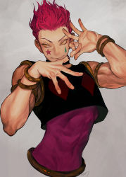 Rule 34 | 1boy, abs, armband, arms up, artist name, bare shoulders, blood, facial mark, fingernails, hair slicked back, highres, hisoka morow, hunter x hunter, looking to the side, male focus, morry, red hair, solo, star (symbol), symbol-only commentary, upper body, vest, wristband, yellow eyes