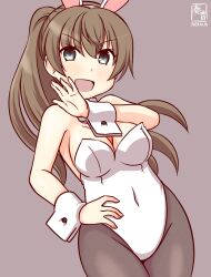 Rule 34 | 1girl, animal ears, artist logo, blue eyes, blush, brown background, brown hair, brown pantyhose, covered navel, cowboy shot, detached collar, fake animal ears, hair ornament, kanon (kurogane knights), kantai collection, kumano (kancolle), leotard, long hair, looking at viewer, one-hour drawing challenge, open mouth, pantyhose, playboy bunny, ponytail, rabbit ears, smile, solo, strapless, strapless leotard, white leotard