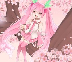 Rule 34 | 1girl, artist name, boots, cherry blossoms, cherry hair ornament, food, food-themed hair ornament, fruit, hair ornament, hatsune miku, highres, in tree, long hair, looking at viewer, miku day, necktie, number tattoo, open mouth, pink eyes, pink hair, pink necktie, pink skirt, pink thighhighs, sakura miku, self-upload, shirt, shoulder tattoo, sitting, sitting in tree, skellychan, skirt, sleeveless, sleeveless shirt, smile, tattoo, thigh boots, thighhighs, tree, twitter username, very long hair, vocaloid