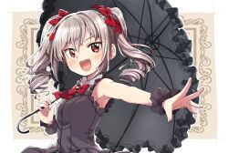 Rule 34 | 1girl, :d, armpits, bare shoulders, black dress, blush, bow, breasts, brooch, brown background, commentary request, dress, frilled umbrella, frills, grey hair, grey umbrella, hair between eyes, hair bow, highres, holding, holding umbrella, idolmaster, idolmaster cinderella girls, jewelry, kanzaki ranko, long hair, medium breasts, open mouth, outstretched arm, red bow, red eyes, ringlets, sleeveless, sleeveless dress, smile, solo, teeth, twintails, umbrella, upper teeth only, wrist cuffs, yukie (kusaka shi)