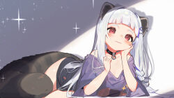 Rule 34 | 1girl, animal ears, bare shoulders, black collar, blunt bangs, blush, breasts, character request, cleavage, closed mouth, collar, ear piercing, ejami, grey hair, hair ornament, hairclip, highres, indie virtual youtuber, long hair, medium breasts, multicolored hair, off-shoulder shirt, off shoulder, piercing, purple hair, purple shirt, raccoon ears, raccoon girl, raccoon tail, red eyes, shirt, smile, solo focus, streaked hair, tail, virtual youtuber
