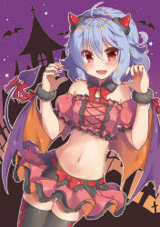 Rule 34 | 1girl, :d, ahoge, bare shoulders, bat wings, beni kurage, blue hair, bow, bowtie, building, claw pose, commentary request, cowboy shot, cross-laced clothes, cross-laced legwear, detached collar, fake horns, fangs, frills, hairband, hands up, highres, horns, looking at viewer, midriff, miniskirt, nail polish, navel, off-shoulder shirt, off shoulder, open mouth, outline, pink skirt, pointy ears, puffy short sleeves, puffy sleeves, purple background, purple hairband, red bow, red bowtie, red eyes, red nails, remilia scarlet, shirt, short sleeves, skirt, smile, solo, stomach, thighhighs, thighs, touhou, v-shaped eyebrows, white outline, wings, wrist cuffs, zettai ryouiki