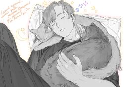 Rule 34 | 1boy, alphonse elric, animal, animal hug, animal on shoulder, arm at side, artist name, blush, cat, cat on shoulder, closed eyes, closed mouth, crescent moon, cuddling, ed0401, expressionless, facing viewer, feet out of frame, fingernails, freckles, fullmetal alchemist, greyscale, hair strand, hand up, head tilt, highres, holding, holding animal, holding cat, knees up, light blush, male focus, monochrome, moon, nose blush, orange outline, orange theme, outline, pants, parted bangs, pillow, russian text, simple background, sleeping, spot color, star (symbol), sweater, sweatpants, swept bangs, upper body, wavy hair, whiskers, white background, zzz