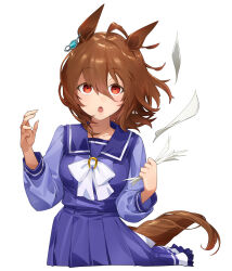 Rule 34 | 1girl, agnes tachyon (umamusume), ahoge, animal ears, bow, bowtie, breasts, brown hair, earrings, hair between eyes, highres, holding, holding paper, horse ears, horse girl, horse tail, jewelry, long sleeves, medium hair, open mouth, paper, purple shirt, purple skirt, sailor collar, school uniform, shirt, simple background, single earring, skirt, small breasts, solo, tail, tracen school uniform, umamusume, upper body, white background, wind, yanyo (ogino atsuki)