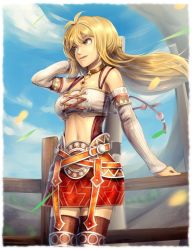 Rule 34 | 1girl, antenna hair, arm behind back, arm behind head, arm support, arm up, bare shoulders, blonde hair, blue sky, breasts, brown neckwear, brown thighhighs, center opening, choker, cleavage, cloud, cloudy sky, cowboy shot, day, detached sleeves, diamond (shape), facing away, fence, fiora (xenoblade), garter straps, gem, gonzarez, grin, hair between eyes, legs together, long hair, long sleeves, medium breasts, midriff, miniskirt, navel, nintendo, o-ring, o-ring choker, outdoors, pencil skirt, red skirt, ribbed sleeves, sidelocks, skirt, sky, smile, solo, standing, stomach, strapless, teeth, thighhighs, tube top, wind, wind lift, xenoblade chronicles (series), xenoblade chronicles 1, yellow eyes, zettai ryouiki