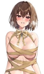Rule 34 | 1girl, absurdres, blush, bound, breasts, brown eyes, brown hair, commission, grin, hair intakes, heavy breathing, highres, hyuuga (kancolle), kantai collection, large breasts, lips, looking at viewer, naked ribbon, original, ribbon, ribbon bondage, seductive smile, short hair, smile, solo, teeth, vitaminechan, wrapped up