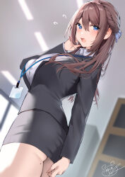 Rule 34 | 1girl, absurdres, arm behind back, ass, black jacket, blue eyes, blush, braid, breasts, brown hair, ceiling, collared shirt, commentary request, flying sweatdrops, formal, hair between eyes, highres, indoors, inushima, jacket, large breasts, long hair, looking at viewer, mole, mole on ass, mole under mouth, name tag, office, office lady, open mouth, original, pencil skirt, shelf, shirt, signature, skirt, solo, standing, suit, white shirt