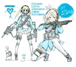 Rule 34 | 1girl, acronym, alice (alice in wonderland), alice in wonderland, bandolier, battle rifle, blonde hair, blue eyes, blush stickers, bow, dual persona, dual wielding, english text, engrish text, fingerless gloves, gloves, gun, hair bow, headset, holding, knee pads, load bearing vest, mask, military, military operator, milizian!, on one knee, original, pouch, rabbit, ranguage, rifle, short hair, skirt, solo, submachine gun, thigh pouch, thighhighs, twintails, weapon, white thighhighs, yrafy