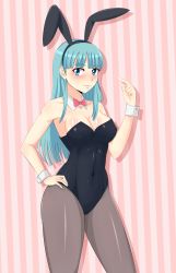 Rule 34 | 1girl, absurdres, angel pena (angelox), animal ears, aqua hair, bare arms, bare shoulders, black leotard, blue eyes, blunt bangs, blush, bow, bowtie, breasts, brown pantyhose, bulma, cleavage, closed mouth, covered navel, detached collar, dragon ball, dragon ball (classic), fake animal ears, gluteal fold, hand on own hip, hand up, heart, highres, large breasts, leotard, long hair, looking at viewer, neck, pantyhose, pink background, playboy bunny, rabbit ears, rabbit girl, red bow, red bowtie, sidelocks, smile, solo, standing, straight hair, strapless, strapless leotard, striped, striped background, vertical stripes, wrist cuffs
