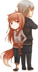 Rule 34 | 1boy, 1girl, animal ears, ayakura juu, back-to-back, black footwear, black pants, blush, brown hair, craft lawrence, crossed arms, full body, grey shirt, hand on own hip, holo, long hair, looking at viewer, lowres, non-web source, novel illustration, official art, pants, pouch, red eyes, shirt, shoes, silver hair, simple background, smile, spice and wolf, standing, tail, white background, wolf ears, wolf tail