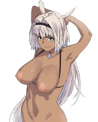 Rule 34 | animal ears, armpits, black hairband, blue eyes, breasts, caenis (fate), cowboy shot, dark-skinned female, dark skin, dog ears, dog tags, fate/grand order, fate (series), hair intakes, hairband, highres, large breasts, light areolae, long hair, navel, nipples, nude, smile, white background, white hair, zourion