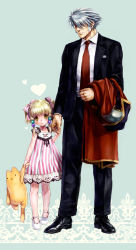 Rule 34 | 1boy, 1girl, bare arms, black footwear, black jacket, black pants, blonde hair, blush, bow, child, choker, closed mouth, coat, collared shirt, commentary request, dress, formal, green background, hair bow, hair ornament, head tilt, heart, highres, holding, holding hands, holding stuffed toy, irui guneden, jacket, long hair, long sleeves, looking at viewer, nakamura kanko, necktie, pants, pink choker, red coat, red necktie, sanger zonvolt, shirt, shoes, silver hair, sleeveless, sleeveless dress, smile, standing, striped bow, striped clothes, striped dress, stuffed animal, stuffed cat, stuffed toy, suit, super robot wars, tuxedo, twintails, unworn coat, vertical-striped clothes, vertical-striped dress, white footwear, white shirt, yellow eyes
