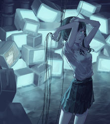 Rule 34 | 1girl, absurdres, asymmetrical hair, black ribbon, blue eyes, blue theme, cable, collared shirt, crt, hair ornament, hairclip, highres, holding, iwakura lain, looking at viewer, neck ribbon, parted lips, pleated skirt, rerendi, ribbon, serial experiments lain, shirt, shirt tucked in, short sleeves, skirt, solo, television, white shirt, x hair ornament