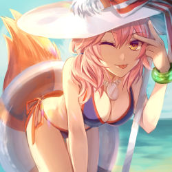 Rule 34 | 1girl, ;p, all fours, beach, bikini, blue bikini, blue sky, bow, bracelet, breasts, cleavage, day, fate/grand order, fate (series), fox tail, hair between eyes, hat, hat bow, hat ribbon, highres, innertube, jewelry, large breasts, long hair, looking at viewer, necklace, ocean, one eye closed, orange ribbon, oranggila12, outdoors, pink hair, ribbon, side-tie bikini bottom, sky, solo, string bikini, striped bow, striped ribbon, sun hat, swim ring, swimsuit, tail, tamamo (fate), tamamo no mae (fate/extra), tamamo no mae (swimsuit lancer) (fate), tamamo no mae (swimsuit lancer) (third ascension) (fate), tongue, tongue out, transparent, white hat, yellow eyes