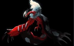 Rule 34 | black background, commentary request, creatures (company), game freak, gen 6 pokemon, horns, legendary pokemon, looking down, nintendo, no humans, pecohophop, pokemon, pokemon (creature), simple background, solo, spikes, talons, white fur, yveltal
