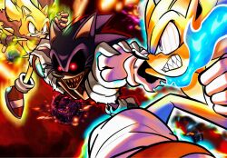 Rule 34 | 3boys, angry, black sclera, blocking attack, blocking punch, blue flames, colored sclera, fighting, fingerless gloves, fleetway super sonic, gloves, highres, im lazy sheck lol, lord x (sonic.exe), multiple boys, open mouth, planet, punching, red eyes, sharp teeth, smile, sonic.exe, sonic (series), sonic the hedgehog, space, super sonic, teeth, white gloves