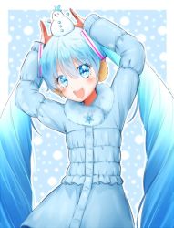 Rule 34 | :d, arms up, bad id, bad twitter id, blue background, blue eyes, blue hair, blue jacket, down jacket, earmuffs, frills, fur-trimmed jacket, fur trim, hatsune miku, jacket, long hair, looking at viewer, on head, open mouth, rie-co, smile, snowing, snowman, snowman on head, solo, sparkling eyes, twintails, upper body, very long hair, vocaloid