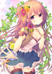 Rule 34 | 1girl, artist name, azu torako, bead bracelet, beads, blue skirt, blue thighhighs, blush, bracelet, breasts, brown hair, brown thighhighs, camisole, cardigan, cleavage, closed mouth, cowboy shot, dated, flower, garter straps, hair flower, hair ornament, jewelry, leaning forward, light smile, long hair, looking at viewer, medium breasts, one side up, open cardigan, open clothes, original, outstretched arm, petals, pink flower, pleated skirt, purple eyes, purple flower, scrunchie, signature, skirt, smile, solo, thighhighs, very long hair, wrist scrunchie, yellow flower