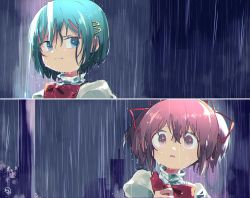 Rule 34 | 2girls, angry, blue eyes, blue hair, city, close-up, closed mouth, dark background, darkness, dot nose, expressionless, facing viewer, frown, hair ornament, hair ribbon, hairclip, hand up, high collar, highres, kaname madoka, kirikuchi riku, looking at another, looking to the side, mahou shoujo madoka magica, mahou shoujo madoka magica (anime), messy hair, miki sayaka, mitakihara school uniform, multiple girls, neck ribbon, night, night sky, outdoors, parted lips, pink eyes, pink hair, puffy sleeves, rain, red ribbon, ribbon, school uniform, serious, shaded face, short hair, short twintails, simple background, sky, surprised, tree, twintails, upper body, water drop, wet, wet clothes, wet hair, wide-eyed