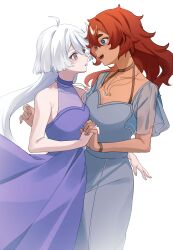 Rule 34 | 2girls, absurdres, ahoge, aqua eyes, bare shoulders, blue dress, blush, bracelet, dress, eye contact, grey eyes, gundam, gundam suisei no majo, hair between eyes, highres, holding hands, interlocked fingers, jewelry, kameria526, long hair, looking at another, miorine rembran, multiple girls, necklace, official alternate costume, open mouth, red hair, simple background, sleeveless, sleeveless dress, smile, suletta mercury, thick eyebrows, white background, white hair, yuri