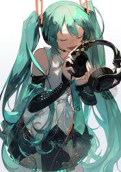 Rule 34 | 1girl, absurdres, aqua hair, aqua necktie, black skirt, closed eyes, colored eyelashes, detached sleeves, green nails, hair between eyes, hatsune miku, headphones, highres, holding, holding headphones, long hair, miku day, necktie, open mouth, pleated skirt, rindo karasuba, shiny clothes, shirt, skirt, solo, twintails, upper body, very long hair, vocaloid, white background, white shirt, wire