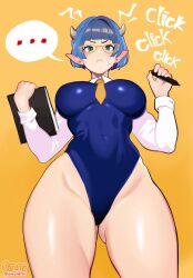Rule 34 | ..., blue hair, blue one-piece swimsuit, breasts, closed mouth, covered navel, demon girl, demon horns, glasses, gluteal fold, green eyes, highres, holding, holding pen, horns, large breasts, long sleeves, lv1 maou to one room yuusha, necktie, one-piece swimsuit, pen, pointy ears, shiny skin, short hair, speech bubble, spoken ellipsis, swimsuit, swolefin, yellow-framed eyewear, yellow background, yellow necktie, zenia (lv1 maou to one room yuusha)