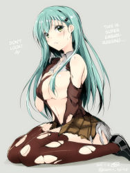 Rule 34 | 10s, 1girl, 2015, aqua hair, bare shoulders, blush, breasts, brown skirt, brown thighhighs, dated, gin&#039;ichi (akacia), green eyes, hair censor, hair ornament, hairclip, hard-translated, highres, kantai collection, large breasts, loafers, long hair, looking at viewer, navel, no bra, pleated skirt, school uniform, shoes, signature, sitting, skirt, solo, suzuya (kancolle), sweat, thighhighs, third-party edit, torn clothes, torn skirt, torn thighhighs, translated, twitter username, wariza
