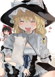 Rule 34 | 2girls, absurdres, apron, ascot, blonde hair, bow, braid, cat, closed eyes, detached sleeves, frilled bow, frilled hair tubes, frills, hair bow, hair tubes, hakurei reimu, hat, hat bow, heart, highres, kirisame marisa, multiple girls, open mouth, ramochi, red bow, red skirt, ribbon-trimmed sleeves, ribbon trim, side braid, single braid, skirt, skirt set, touhou, waist apron, white bow, witch hat, yellow ascot, yellow eyes