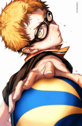 Rule 34 | 1boy, ball, black-framed eyewear, black shirt, blonde hair, blurry, blurry foreground, character name, glasses, haikyuu!!, highres, holding, holding ball, litchi (taechiii2), looking at viewer, male focus, playing sports, shirt, short hair, simple background, solo, sweat, tsukishima kei, upper body, volleyball, volleyball (object), white background, yellow eyes