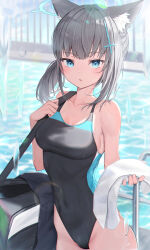 Rule 34 | 1girl, absurdres, animal ear fluff, animal ears, black one-piece swimsuit, blue archive, blue eyes, blush, breasts, collarbone, commentary, competition swimsuit, covered navel, cross hair ornament, extra ears, grey hair, hair ornament, halo, highres, holding, holding towel, korean commentary, lens flare, looking at viewer, medium breasts, medium hair, multicolored clothes, multicolored swimsuit, official alternate costume, one-piece swimsuit, pool, revision, shiroko (blue archive), shiroko (swimsuit) (blue archive), solo, swimsuit, three twosix, towel, wolf ears