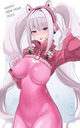 Rule 34 | 1girl, 2023, alice (nikke), animal ear headphones, animal ears, bodysuit, breasts, covered navel, cropped jacket, fake animal ears, gloves, goddess of victory: nikke, grey hair, hand on own chest, happy new year, headphones, headset, highres, impossible bodysuit, impossible clothes, jacket, latex, latex bodysuit, long hair, medium breasts, new year, pink bodysuit, pink eyes, pink gloves, puffy sleeves, red jacket, sidelocks, solo, twintails, two-tone gloves, v, very long hair, wabimochi, white gloves