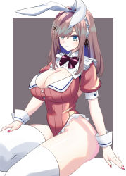 Rule 34 | 1girl, :3, adapted costume, amuriha, animal ears, backless leotard, bare hips, blue eyes, bow, bowtie, breasts, brown hair, cleavage, cleavage cutout, clothing cutout, covered navel, detached collar, fake animal ears, frilled leotard, frills, hair between eyes, hair ornament, hand on own thigh, highres, large breasts, leotard, looking at viewer, maid headdress, medium hair, nail polish, nijisanji, pink leotard, pink nails, playboy bunny, puffy short sleeves, puffy sleeves, rabbit ears, ribbed leotard, short sleeves, sitting, smile, solo, suzuhara lulu, thick thighs, thighhighs, thighs, virtual youtuber, white thighhighs, wing collar, wrist cuffs, x hair ornament