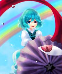 Rule 34 | 1girl, blue background, blue eyes, blue hair, bubble, heterochromia, highres, holding, holding umbrella, kogasa day, looking at viewer, medium hair, mismatched pupils, rainbow, red eyes, shee take, solo, tatara kogasa, tongue, tongue out, touhou, umbrella