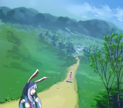 Rule 34 | 2girls, animal ears, arm up, backpack, bag, barefoot, blue sky, breasts, brown hair, carrot necklace, cloud, collared shirt, day, dress, floppy ears, forest, grass, heiya, inaba tewi, jewelry, long sleeves, looking back, mountain, multiple girls, nature, necklace, necktie, open mouth, outdoors, path, perspective, pink dress, purple hair, rabbit, rabbit ears, red eyes, red necktie, reisen udongein inaba, road, scenery, shirt, sky, talking, touhou, tree, waving, white shirt
