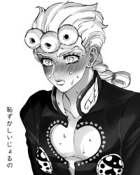 Rule 34 | 1boy, blush, braid, bug, closed mouth, commentary request, full-face blush, giorno giovanna, insect, jacket, jewelry, jojo no kimyou na bouken, ladybug, long hair, male focus, monochrome, solo, sweat, sweatdrop, translation request, vento aureo, zakki