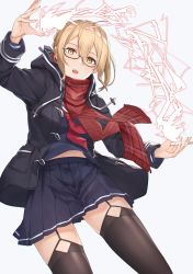 Rule 34 | 1girl, ahoge, artoria pendragon (fate), black thighhighs, blonde hair, braid, commentary request, cowboy shot, electricity, fate/grand order, fate (series), garter straps, glasses, highres, jacket, long sleeves, looking at viewer, mysterious heroine x alter (fate), mysterious heroine x alter (first ascension) (fate), open mouth, plaid, plaid scarf, pleated skirt, red scarf, scarf, school uniform, serafuku, simple background, skirt, solo, tapioka (oekakitapioka), thighhighs, yellow eyes