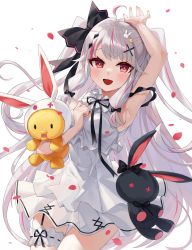 Rule 34 | 1girl, :d, absurdres, ahoge, arm up, armpits, bare arms, bare shoulders, bird hair ornament, black bow, bow, commentary request, dress, eyebrows hidden by hair, grey hair, hair bow, hair ornament, hairclip, highres, hugging object, kaguya (srx61800), long hair, looking at viewer, multicolored hair, nijisanji, open mouth, petals, purple hair, rabbit hair ornament, red eyes, simple background, sleeveless, sleeveless dress, smile, solo, streaked hair, stuffed animal, stuffed rabbit, stuffed toy, two side up, very long hair, virtual youtuber, white background, white dress, x hair ornament, yorumi rena, yorumi rena (young)