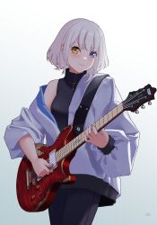 Rule 34 | 1girl, absurdres, artist name, bang dream!, bang dream! it&#039;s mygo!!!!!, black pants, black shirt, blue background, blue eyes, blush, closed mouth, commentary, cowboy shot, electric guitar, gradient background, grey jacket, guitar, heterochromia, highres, holding, holding guitar, holding instrument, ichi (bttrfl1es), instrument, jacket, kaname raana, long sleeves, looking at viewer, medium hair, open clothes, open jacket, pants, playing guitar, shirt, sleeveless, sleeveless shirt, smile, solo, white background, white hair, yellow eyes