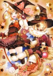 Rule 34 | 1girl, apron, arm warmers, bad id, bad pixiv id, baggy shorts, basket, belt, blonde hair, boots, bow, braid, broom, candy, capelet, commentary request, cookie, fingerless gloves, food, funnyfunny, gloves, halloween, happy halloween, hat, hat bow, jack-o&#039;-lantern, kirisame marisa, lollipop, looking at viewer, open mouth, puffy shorts, shorts, single braid, solo, star (symbol), steampunk, thighhighs, touhou, traditional media, waist apron, white thighhighs, witch hat, yellow eyes
