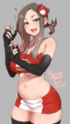 Rule 34 | 1girl, ?, agawa ryou, bare shoulders, belly, blue eyes, breasts, brown hair, commentary, crab hair ornament, dated, grey background, large breasts, long hair, looking at viewer, plump, short shorts, shorts, signature, simple background, solo, twintails