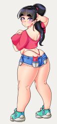 Rule 34 | 1girl, absurdres, alternate costume, ass, back, black hair, blue eyes, blush, breasts, cellphone, covered erect nipples, cutoffs, denim, denim shorts, ebino mei, female focus, hatsukoi zombie, highres, huge ass, large breasts, looking at viewer, looking back, nipples, phone, ponytail, resized, shoes, short shorts, shorts, shortstack, sneakers, solo, third-party edit, thong, whale tail (clothing)