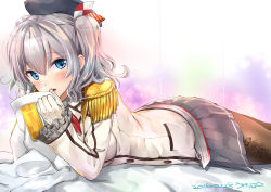 Rule 34 | 10s, 1girl, blazer, blue eyes, dated, gloves, highres, jacket, kantai collection, kashima (kancolle), lying, on stomach, pantyhose, silver hair, skirt, solo, twintails, ugeppa, uniform, wavy hair