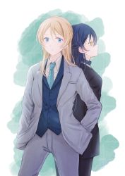 Rule 34 | 2girls, ayase eli, back-to-back, blonde hair, blue eyes, blue hair, commentary request, cowboy shot, formal, hair between eyes, hair down, hands in pockets, highres, long hair, long sleeves, love live!, love live! school idol project, multiple girls, necktie, pant suit, pants, sonoda umi, suit, suito, yellow eyes