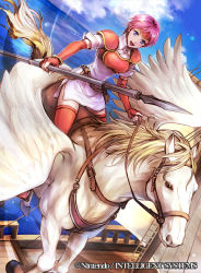 Rule 34 | 1girl, armor, belt, breastplate, cloud, company connection, copyright name, day, dress, elbow gloves, fingerless gloves, fire emblem, fire emblem: path of radiance, fire emblem: radiant dawn, fire emblem cipher, gloves, headband, holding, holding weapon, horse, horseback riding, intelligent systems, looking at viewer, marcia (fire emblem), nintendo, ocean, official art, open mouth, outdoors, pauldrons, pegasus, pegasus knight uniform (fire emblem), pink hair, polearm, riding, ship, short dress, short sleeves, shoulder armor, sky, smile, spear, stirrups (riding), thighhighs, wadadot lv, watercraft, weapon, zettai ryouiki