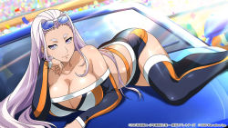 Rule 34 | 1girl, black footwear, black shorts, blue-tinted eyewear, boots, breasts, cleavage, closed mouth, collarbone, eyewear on head, grey eyes, hair intakes, highres, himiko (ikkitousen), ikkitousen, large breasts, long hair, looking at viewer, lying, official art, on vehicle, race queen, shiny skin, short shorts, shorts, smile, solo, sunglasses, sunlight, thigh boots, thighhighs, tinted eyewear, very long hair, white-framed eyewear, white hair, zettai ryouiki
