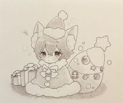 Rule 34 | 1boy, animal ears, bell, bow, bowtie, cape, chibi, christmas, closed mouth, e.g.o (project moon), fox ears, fox tail, fur-trimmed cape, fur trim, gift, graphite (medium), hat, highres, limbus company, looking to the side, neck bell, nib pen (medium), project moon, santa costume, santa hat, solo, tail, traditional media, uchimura (rino0525), yi sang (project moon)