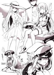 Rule 34 | 10s, 1boy, 1girl, ^ ^, admiral (kancolle), alternate costume, animal ears, bare shoulders, bismarck (kancolle), breasts, cleavage, closed eyes, dog ears, dog tail, dress, closed eyes, hand on own hip, hat, unworn hat, unworn headwear, highres, kantai collection, kemonomimi mode, looking at viewer, medium breasts, monochrome, ohta yuichi, peaked cap, sitting, sleeping, smile, sun hat, sundress, tail, tail wagging, translation request