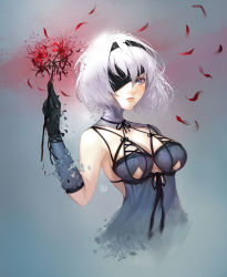 Rule 34 | 1girl, bandages, black gloves, blindfold, blue eyes, breasts, cosplay, dress, flower, gloves, hairband, highres, kaine (nier), kaine (nier) (cosplay), medium breasts, mole, mole under mouth, nier (series), nier:automata, parted lips, petals, short hair, solo, spider lily, upper body, white hair, wookyung, 2b (nier:automata)